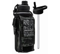 Iron Infidel Battle Bottle - 32 Oz Insulated Water Bottle with Straw Lid & Chug Cap, Stainless Steel Metal Tactical Flask With Rugged, Removable Sleeve for Keys & Phone or Wallet (Black Camo 1 Liter)