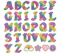 Iron On Letter Patches, 56 Pieces A-Z Alphabet, Rainbow Rhinestone Design with Heart, Smile Face, Star, Rainbow Patches, 2 Pack