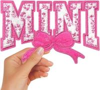 Iron On Patches Chenille Mama Bow Embroidered Sequin Applique with Glitter Edge DIY Cute Accessories for Clothing Backpacks Jackets Decoration (Mini Pink)