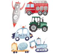 Iron-On Transfer Set Vehicles, Rocket, Fire Brigade, Police, Tractor, Excavator, Concrete Mixer for Textiles, Iron-on, Children's Birthday, T-Shirt, Gym Bag, Costume, DIY, Gift, Backpack, School Cone
