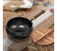 Iron Pan - Wooden Handle Non Stick | Long Lasting Large Capacity Chinese | Induction Deep Non Coated Round Bottom Frying Pot for Home, Restaurant Use