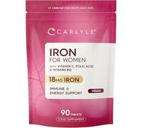 Iron Tablets 18mg | High Strength for Women | with Vitamin B12, Vitamin C and Folic Acid | 100% NRV Iron Complex | 90 Vegan Tablets | by Carlyle