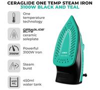 Tower Ceraglide One Temperature Steam Iron with Ceramic Soleplate 3100W Black and Teal T22026TL