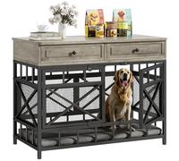 IRONCK 44 inch Large Dog Crate Furniture, Wooden Dog Kennel with Storage Drawers for Medium/Large Dogs, Decorative Dogs Kennel Indoor, Light Ivory