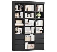 IRONCK Bookcase Bookshelf with 6 Drawers & 14 Multi-Size Open Cubes, Black | 185cm Tall Living Room Bookcases, Adjustable Shelves, Freestanding Display Storage Shelving Unit for Home Office 108×30×185cm
