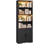 IRONCK Bookcase LED Lights Bookshelf with Doors 190cm Living Room Bookcases | 6-Tier Freestanding Display Shelf, Adjustable Shelves, Tall Book Shelf Unit for Home Office, Bedroom, 60x30x190cm, Black