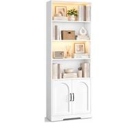 IRONCK Bookcase LED Lights Bookshelf with Doors 190cm Living Room Bookcases | 6-Tier Freestanding Display Shelf, Adjustable Shelves, Tall Book Shelf Unit for Home Office, Bedroom, 60x30x190cm, White