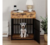 IRONCK Dog Crate Furniture for Small Dogs, Wooden Dog Kennel with Flip Top Drawer, Indoor Pet Crate End Table with Charging Station, Steel-Tube Dog Cage, Rustic Brown