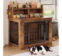 IRONCK Dog Crate Furniture, Wooden Heavy Duty Dog Kennl with Storage and 4 Hooks, Dog Furniture for Small Medium Size, Decorative Pet Crate for Indoor