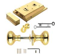Ironmongery Hardware Online Polished Solid Brass Victorian Mushroom Rim Door Knobs & Solid Polished Brass Rim Sash Lock Set