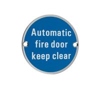 Ironmongery Solutions® Automatic Fire Door Keep Clear 76mm Diameter Safety Instruction Sign Disc for Timber and Metal Doors Fixing Included (Satin Stainless)