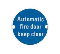 Ironmongery Solutions® Automatic Fire Door Keep Clear 76mm Diameter Safety Instruction Sign Disc for Timber and Metal Doors Fixing Included (Powder Coat White)