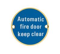 Ironmongery Solutions® Automatic Fire Door Keep Clear 76mm Diameter Safety Instruction Sign Disc for Timber and Metal Doors Fixing Included (PVD Satin Brass)