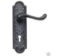Ironmongery Solutions® Black Antique Victorian Scroll Door Handles on Shaped Backplate Lever Lock Set