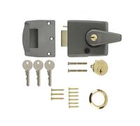 Ironmongery Solutions® Double Locking Nightlatch Door Lock - High Security External Door Night Latch for Wooden Doors (Boxed, Grey Body, Brass Cyl, 60mm)
