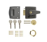 Ironmongery Solutions® Double Locking Nightlatch Door Lock - High Security External Door Night Latch for Wooden Doors (Boxed, Grey Body, Brass Cyl, 40mm)