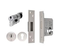 Ironmongery Solutions® Euro Profile BS Cylinder and Turn Deadlock, Internal Thumbturn, for Wooden Doors, Residential and Commercial Security (Satin Stainless Steel, 64mm)