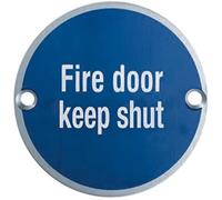 Ironmongery Solutions® Fire Door Signs Stating Keep Shut. These Are Round Plate & Has Satin Stainless Steel Finish. With Dimensions Of 76mm. (Fire Door Keep Shut Sign, Satin Stainless Steel)