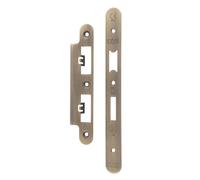 Ironmongery Solutions® Forend Strike and Fixing Pack for DIN Euro Sashlocks and Bathroom Locks, with Strike Plate and Fixing Screws (Antique Brass, Radius)
