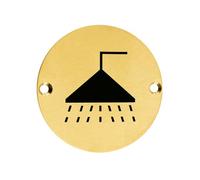 Ironmongery Solutions® Shower Sign 76mm Diameter Durable Metal Shower Facility Identification Symbol for Toilet Doors Walls and Washrooms Fixing Included (PVD Satin Brass)