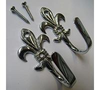 IRONMONGERY WORLD® 2 X Brass Chrome Curtain TIE Back Holdback Coat Hooks (2 X Fleur DE LYS Plain Chrome Hooks)
