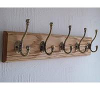 IRONMONGERY WORLD® 9 Size Solid Oak Wooden Antique Aged Brass HAT and Coat Hooks PEG Rail Rack 11 (5 Hooks 58CM)