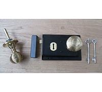 IRONMONGERY WORLD® Black Lock and Polished Brass Traditional Old Vintage Style Rim Door Lock & Rim KNOB Set Handles (REEDED Rim Queen Anne Style)