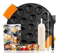 IRONO Poffertjes Pan - Mini Pancake Maker - Pancake Pan - 19 Mini Pancakes - Eggs Crepe Pan - Cast Iron - Includes Brush, Turning Fork, Batter Bottle, Handles