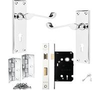 IRONZONE® Victorian Scroll Polished Chrome Door Handle Lock Pack, 3 Lever Lock, 1 Pair of Hinges, for Extra Privacy in Bedroom and Living Room, Traditional Design