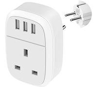 UK to European Adapter Plug with 3 USB Ports, EU Schuko Travel Euro Europe Grounded Charger for Germany France Spain Turkey Russia Iceland Greece Poland Portugal Austria Netherlands(Type E/F)