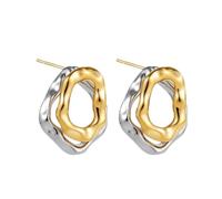 Irregular Hollow Oval Stud Earrings for Women Stainless Steel Silver Gold-Tone Plated Double Layer Abstract Hammered Statement Earring Minimalist Contemporary Mixed Metal Jewelry for Daily Office Wear