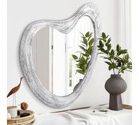 Irregular Wall Mirror, Asymmetrical Vanity With Wood Frame - Modern Unique Decorative for Bathroom, Living Room, Bedroom, Entryway, Hallway - Large 65 x 45cm Rustic White