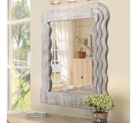 Irregular Wood Makeup Mirror with Frame Wave Vanity Mirror for Wall Living Room Bedroom Bathroom Entryway Hallways Farmhouse Modern Unique Decorative Aesthetic Hanging Mirrors Brown