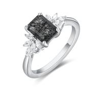 IRROYA Natural Gemstone 925 Sterling Silver Platinum Plated Black Rutile Quartz Vintage Promise Engagement Ring For Her Size 4-9, Metal, Rutilated Quartz