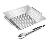 IRSTBL - BBQ Grill Basket with 12" Tongs - 30 x 35 cm Stainless Steel Grilling Tray for Veg, Meat & Fish - Non-Stick, Dishwasher Safe, for Gas & Charcoal Barbecues