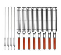 IRSTBL - Kebab Grill Basket Set - 4 Non-Stick BBQ Baskets with Wooden Handles & 2 Steel Skewers - Reusable Grilling Tools for Meat, Veg, Fish - 43cm (8-Pack)