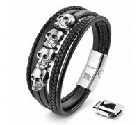 IRTA LONDON Men's Leather Skull Bracelet - Magnetic Gothic Viking Style (Antique Silver 5-Skull - Multi Gothic Style, 23 CM)