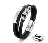 IRTA LONDON Men's Leather Skull Bracelet - Magnetic Gothic Viking Style (Antique Silver Nordic Viking, 21 CM)