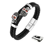 IRTA LONDON Men's Leather Skull Bracelet - Magnetic Gothic Viking Style (Crimson Red Eye Dual Skull - Gothic Punk Style, 21 CM)