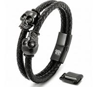 IRTA LONDON Men's Leather Skull Bracelet - Magnetic Gothic Viking Style (Matte Black Dual Skull - Twin Biker Style, 21 CM)