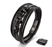 IRTA LONDON Men's Leather Skull Bracelet - Magnetic Gothic Viking Style (Midnight Black 5-Skull - Multi Gothic Style, 21 CM)
