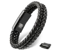 IRTA LONDON Unisex Leather Bracelet - Multi-Layer Braided Wrap with Infinity Knot - Secure Stainless Steel Slide-Lock - Luxury Gothic Biker Jewelry Gift Box Included (Black, 21, Centimeters)