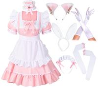 Irtysh Anime French Girls Bunny Maid Sweet Kawaii Costume Cosplay Dress Furry Cat Ear Gloves Socks Set, Pink, XXXL