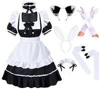 Irtysh Anime French Girls Bunny Maid Sweet Kawaii Costume Cosplay Dress Furry Cat Ear Gloves Socks Set, Black, XXL
