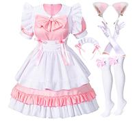 Irtysh Girl Sweet Kawaii Costume Dress Anime French Maid Cosplay Furry Cat Ear Gloves Socks set(Pink 4XL)