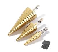 Iruihoo HSS Step Drill, 3-Piece Step Drill Set, Peeling Drill Set, Exact Spiral Groove Taper Drill, 4 mm to 12/20/32 mm Titanium Coated Professional Metal Drill Bit Set for Metal, Wood, Plastic Gold
