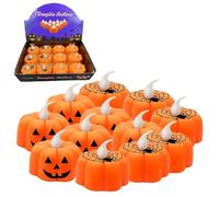Irunfast 12Pcs Halloween Pumpkin Lights, Flameless Orange LED Candles with Ghost Faces and Spider Web Patterns, Pumpkin Lights Battery Powered for Halloween Party Decorations
