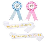 IRYNA 4 Pcs Baby Shower Set - Mummy and Daddy To Be Sash, Tinplate Badge Pin, Gold White Sash for Party Decoration and Gender Reveal