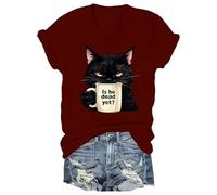 is He Dead Yet Funny Cat T-Shirt Letter Print T-Shirt for Women (Red M) (M Red)