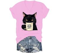 is He Dead Yet V Neck Shirt Funny Cat Sarcastic Vintage T-Shirt (Pink, Small)